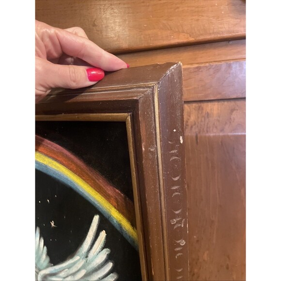 Fantasy unicorn Rainbow Velvet Painting 21 x27" Wood Frame Pegasus Signed - Picture 12 of 16